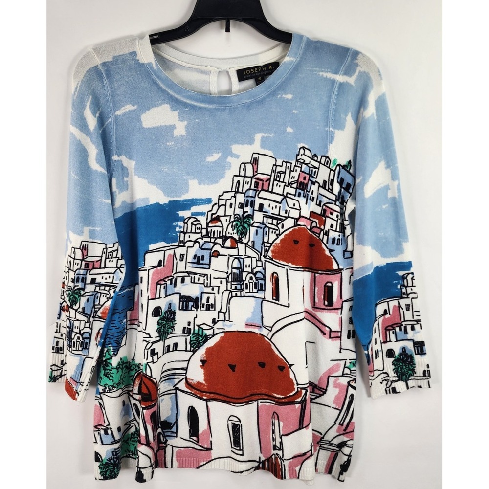Joseph Abboud Sweater Top Women's S Scenic Graphic Greece Coastal Resort Wear